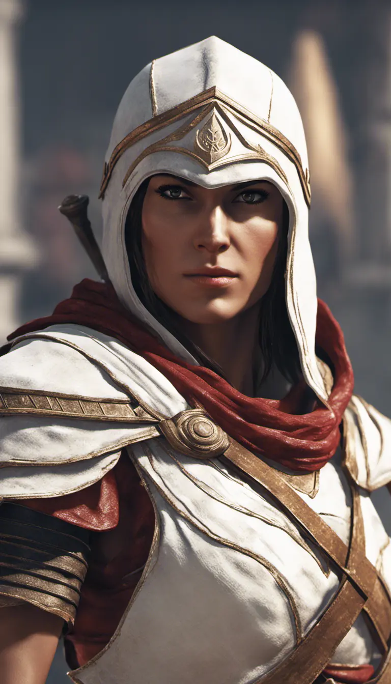 Closeup of Kassandra from Assassins Creed in white armor, 8k, Highly Detailed, Artstation, Beautiful, Digital Illustration, Sharp Focus, Unreal Engine, Concept Art