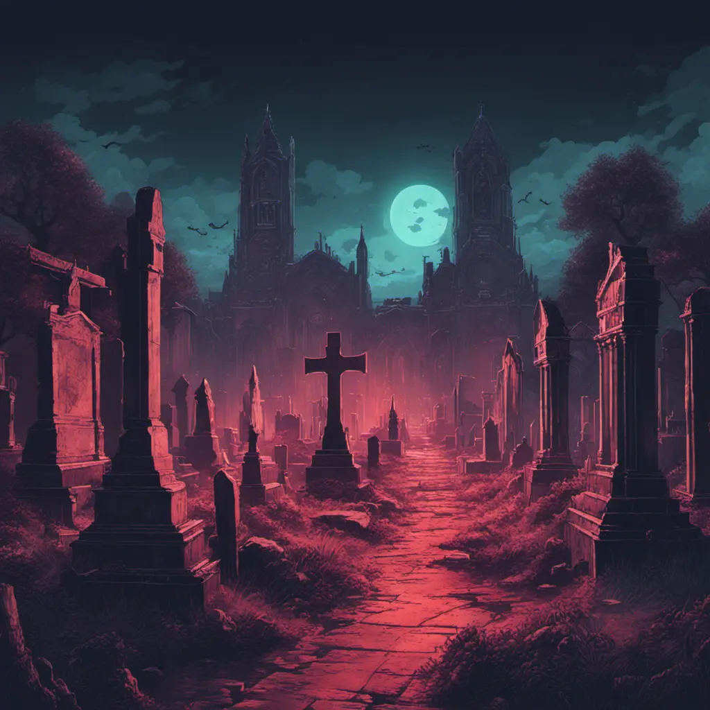 Hyper Detailed illustration of an eerie dystopian graveyard at night, 8k, Gothic and Fantasy, Horror, Epic, Sharp Focus, Deviantart by Alena Aenami, Studio Ghibli