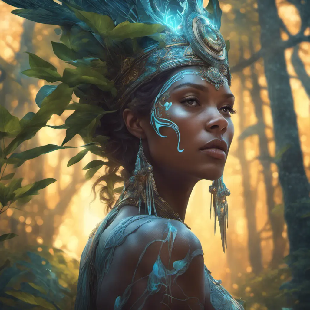 Closeup of a beautiful tribal queen in a magical forest, 4k, Highly Detailed, Masterpiece, Pretty Face, Digital Illustration, Cinematic Lighting, Realistic, Sharp Focus, Centered, Beautifully Lit, Bioluminescent by Stanley Artgerm Lau, Alphonse Mucha, Greg Rutkowski, Stefan Kostic