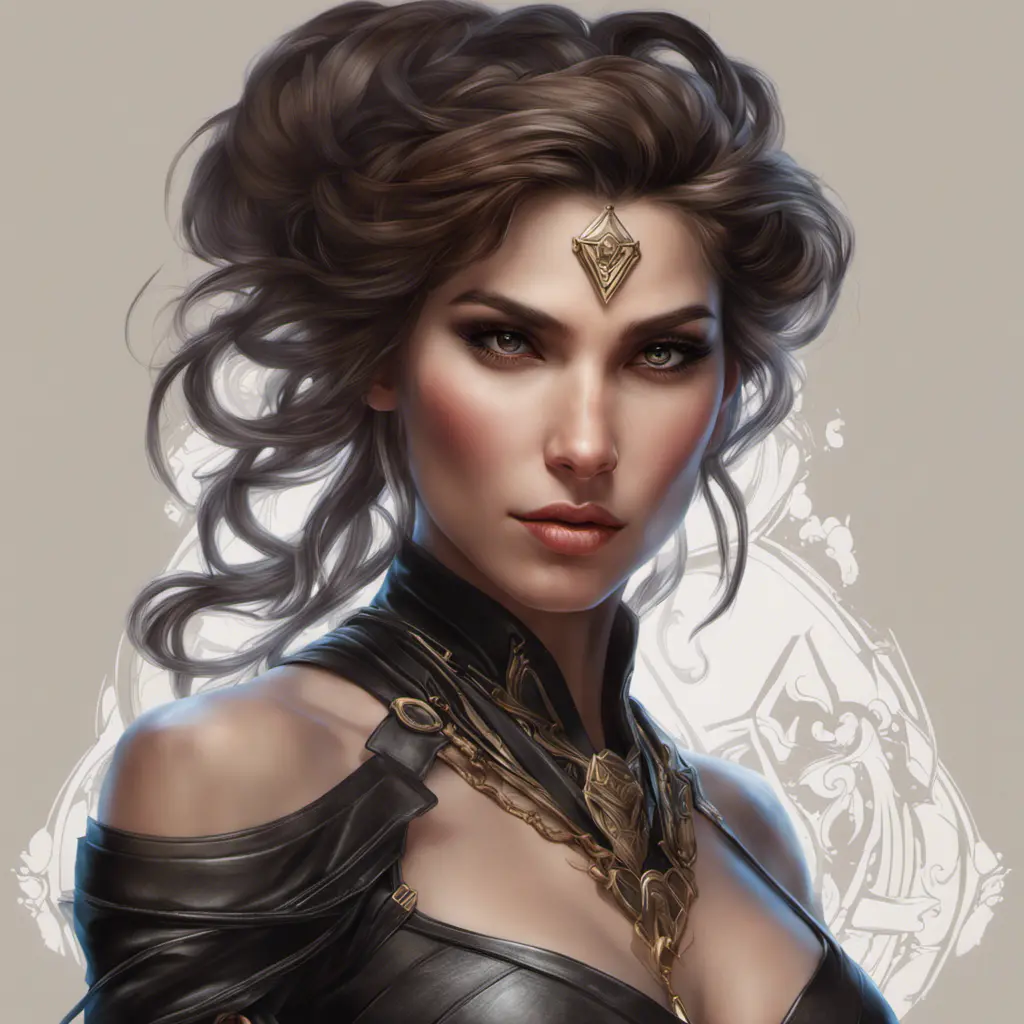 Alluring matte portrait of a beautiful Kassandra wearing black leather, 8k, Highly Detailed, Intricate, Half Body, Realistic, Sharp Focus, Volumetric Lighting, Fantasy, Elegant by Stanley Artgerm Lau, Alphonse Mucha, WLOP, Stefan Kostic