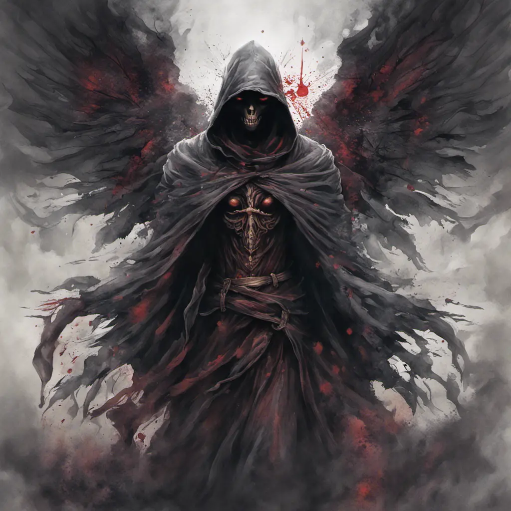 Hooded Angel of Death emerging from the fog of war, ink splash, Highly Detailed, Vibrant Colors, Ink Art, Fantasy, Dark by Stanley Artgerm Lau