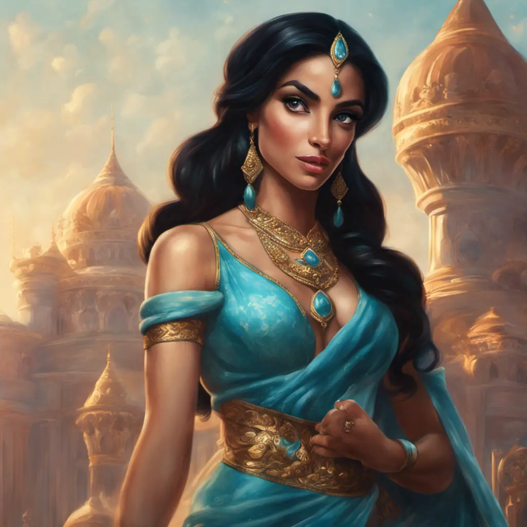 Alluring matte portrait of Princess Jasmine in the style of Stefan Kostic, 4k, 4k resolution, 8k, HD, High Definition, High Resolution, Highly Detailed, HQ, Hyper Detailed, Intricate Artwork, Ultra Detailed, Digital Painting, Matte Painting, Realistic, Sharp Focus, Dim light, Fantasy