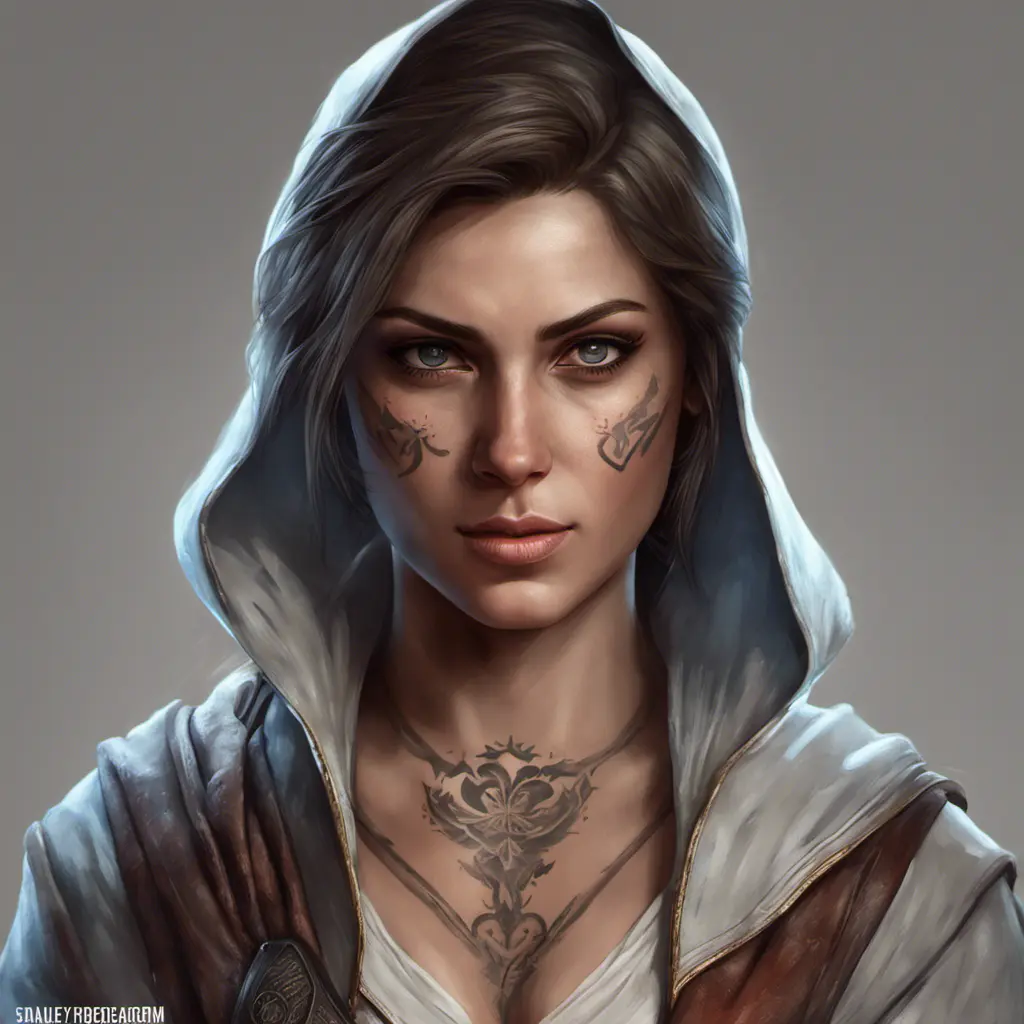 Matte portrait of Kassandra from Assassins Creed with tattoos, 8k, Highly Detailed, Powerful, Alluring, Artstation, Magical, Digital Painting, Photo Realistic, Sharp Focus, Volumetric Lighting, Concept Art by Stanley Artgerm Lau, Alphonse Mucha, Greg Rutkowski