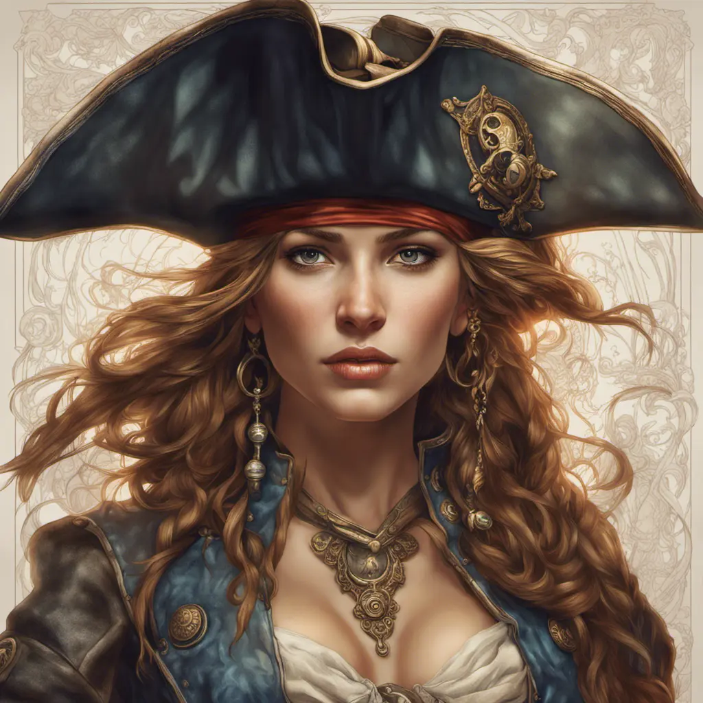 Alluring matte portrait of a beautiful female Pirate, 8k, Highly Detailed, Intricate, Half Body, Realistic, Sharp Focus, Volumetric Lighting, Fantasy, Elegant by Alphonse Mucha