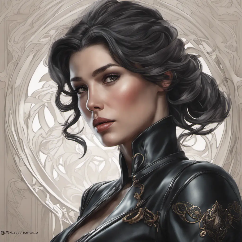 Alluring matte portrait of a beautiful Vex wearing black leather, 8k, Highly Detailed, Intricate, Half Body, Realistic, Sharp Focus, Volumetric Lighting, Fantasy, Elegant by Stanley Artgerm Lau, Alphonse Mucha, WLOP