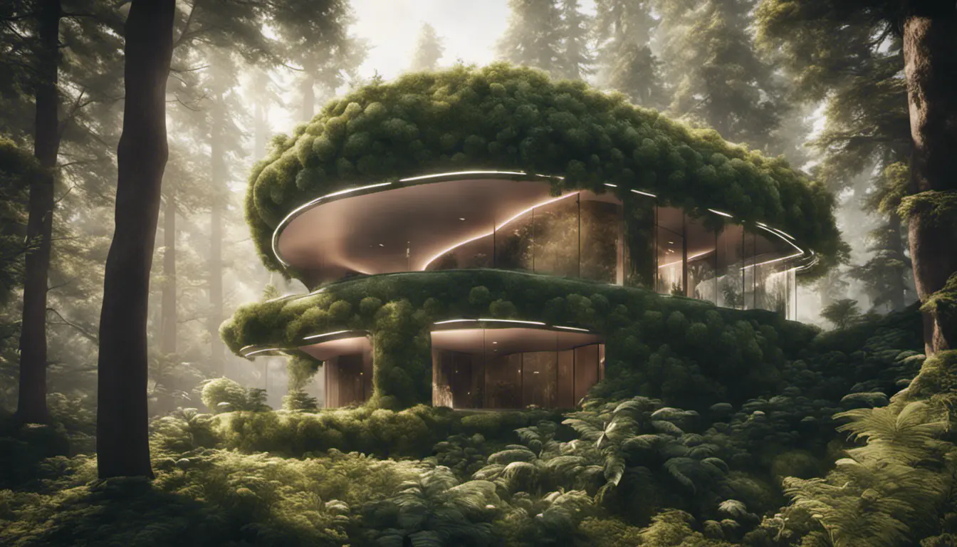 Beautiful futuristic organic house made from imaginary plants in a forest, 8k, Award-Winning, Highly Detailed, Beautiful, Epic, Octane Render, Unreal Engine, Radiant, Volumetric Lighting by Greg Rutkowski