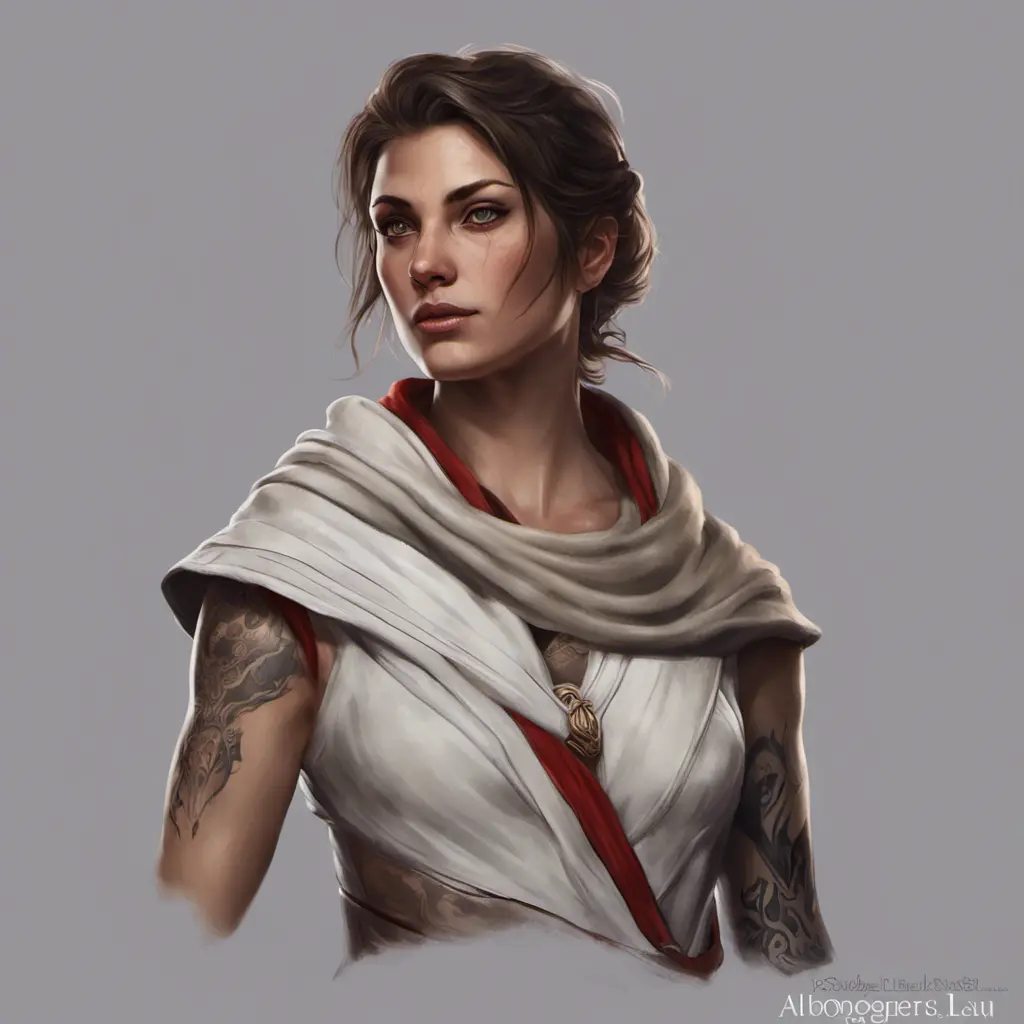 Matte portrait of Kassandra from Assassins Creed with tattoos, 8k, Highly Detailed, Powerful, Alluring, Artstation, Magical, Digital Painting, Photo Realistic, Sharp Focus, Volumetric Lighting, Concept Art by Stanley Artgerm Lau, Alphonse Mucha, Greg Rutkowski