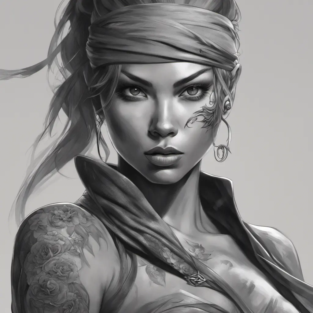 Grayscale matte portrait of a beautiful female ninja with tattoos, 4k, Highly Detailed, Powerful, Alluring, Artstation, Magical, Digital Painting, Photo Realistic, Sharp Focus, Volumetric Lighting, Concept Art by Stanley Artgerm Lau, Alphonse Mucha, Greg Rutkowski