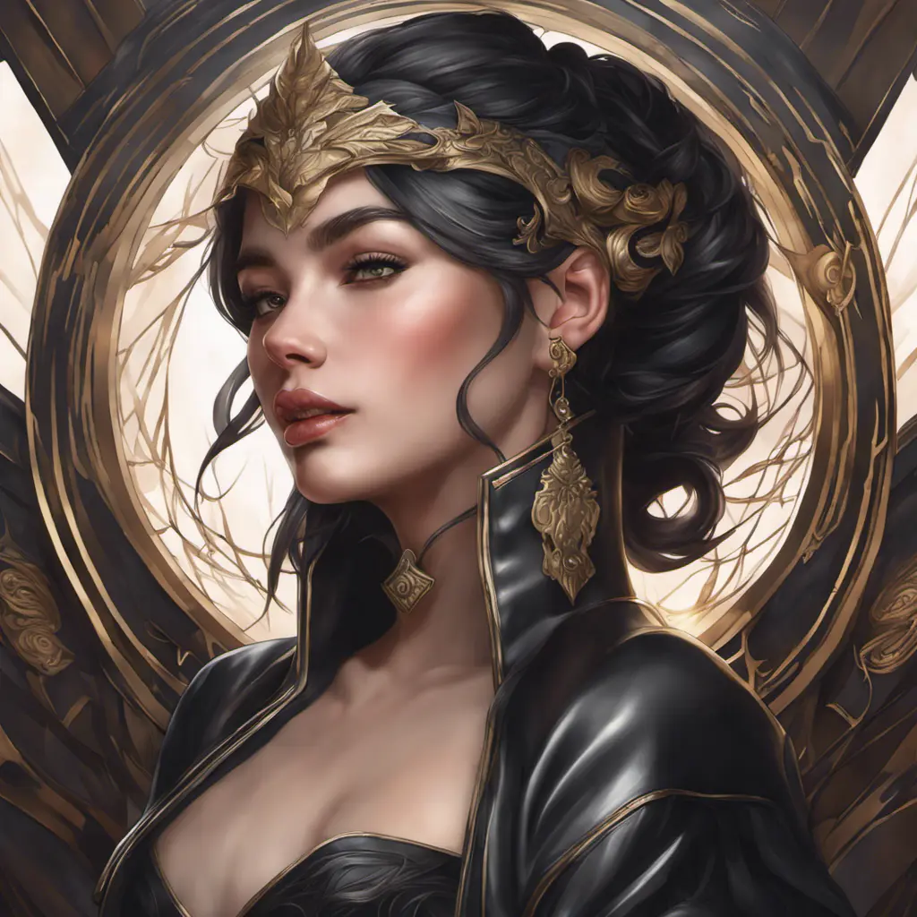 Alluring matte portrait of a beautiful Sona wearing black leather, 8k, Highly Detailed, Intricate, Half Body, Realistic, Sharp Focus, Volumetric Lighting, Fantasy, Elegant by Stanley Artgerm Lau, Alphonse Mucha, WLOP