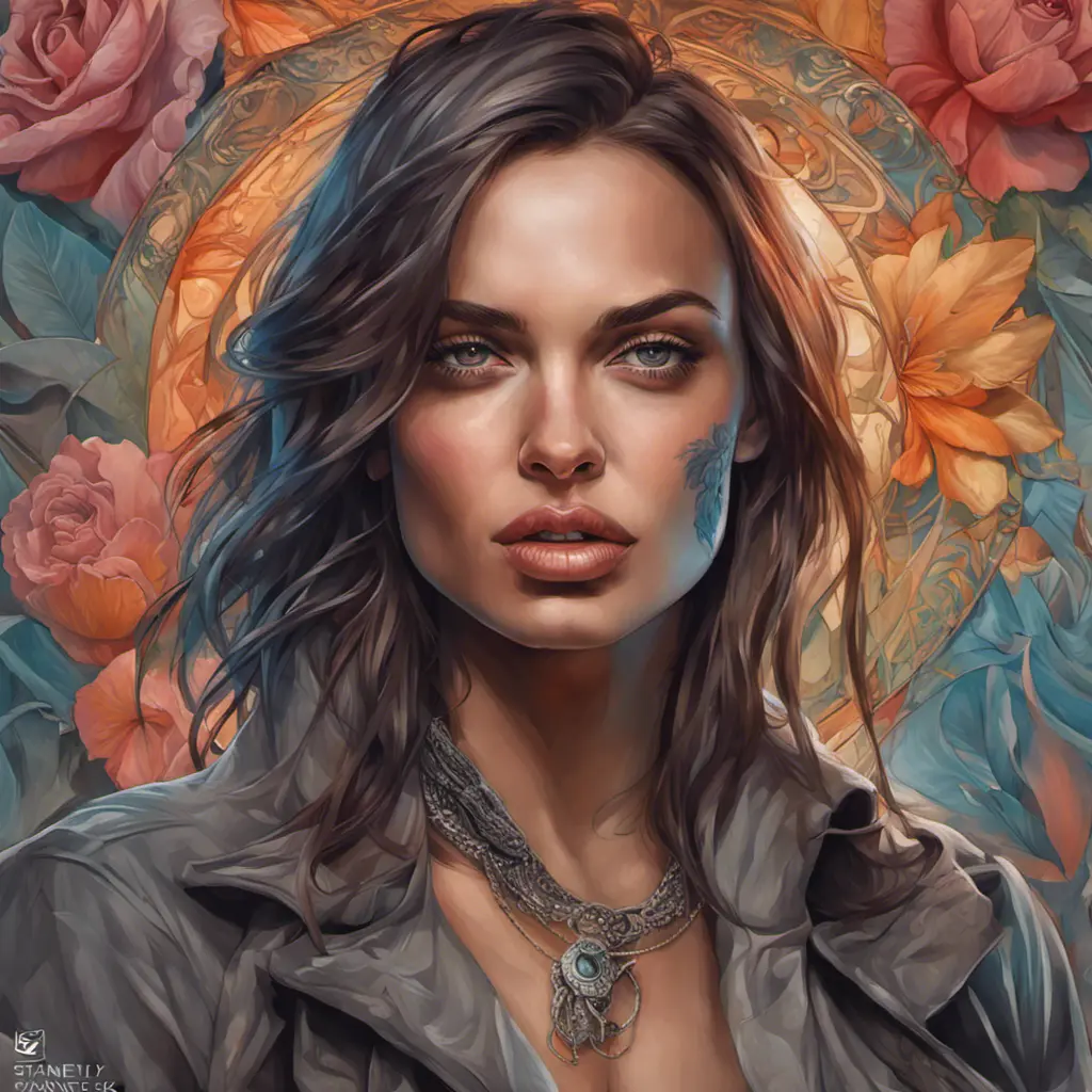 Colorful portrait of a tattooed Irina Shayk with a grey scale face, 4k, Highly Detailed, Hyper Detailed, Powerful, Artstation, Vintage Illustration, Digital Painting, Sharp Focus, Smooth, Concept Art by Stanley Artgerm Lau, Alphonse Mucha, Greg Rutkowski