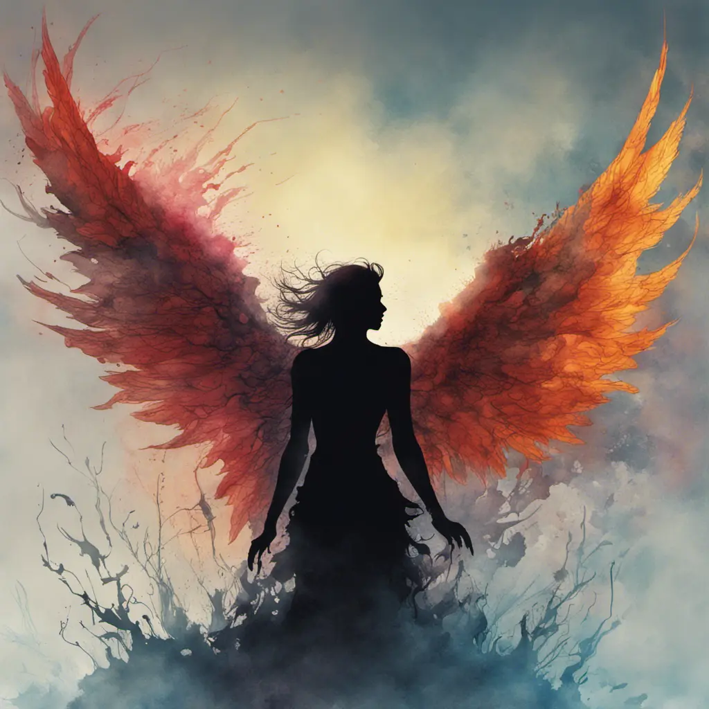 Silhouette of an Angel emerging from the fog of war, ink splash, Highly Detailed, Vibrant Colors, Ink Art, Fantasy, Dark by Stanley Artgerm Lau