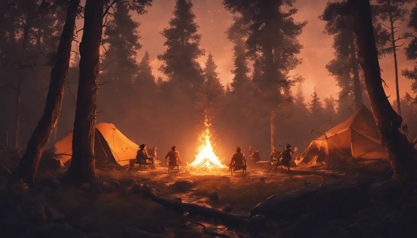 A highly detailed matte painting of a camp fire in the forest at night in the style of Firewatch, 4k resolution, Masterpiece, Trending on Artstation, Volumetric Lighting by Stanley Artgerm Lau, Greg Rutkowski, Makoto Shinkai, WLOP