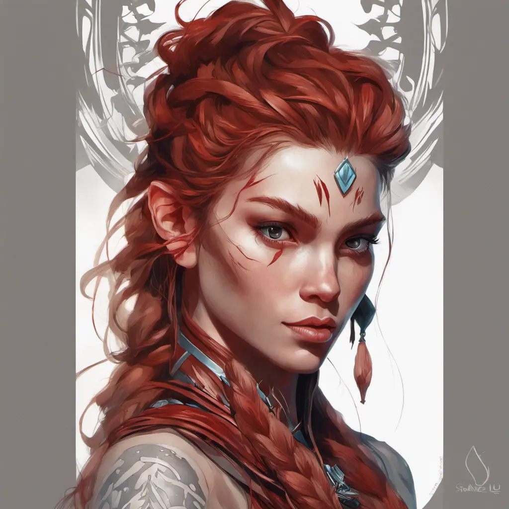 Alluring matte portrait of the beautiful Aloy in dark red, 8k, Highly Detailed, Intricate, Realistic, Sharp Focus, Volumetric Lighting, Fantasy, Elegant by Stanley Artgerm Lau, Alphonse Mucha, WLOP, Stefan Kostic