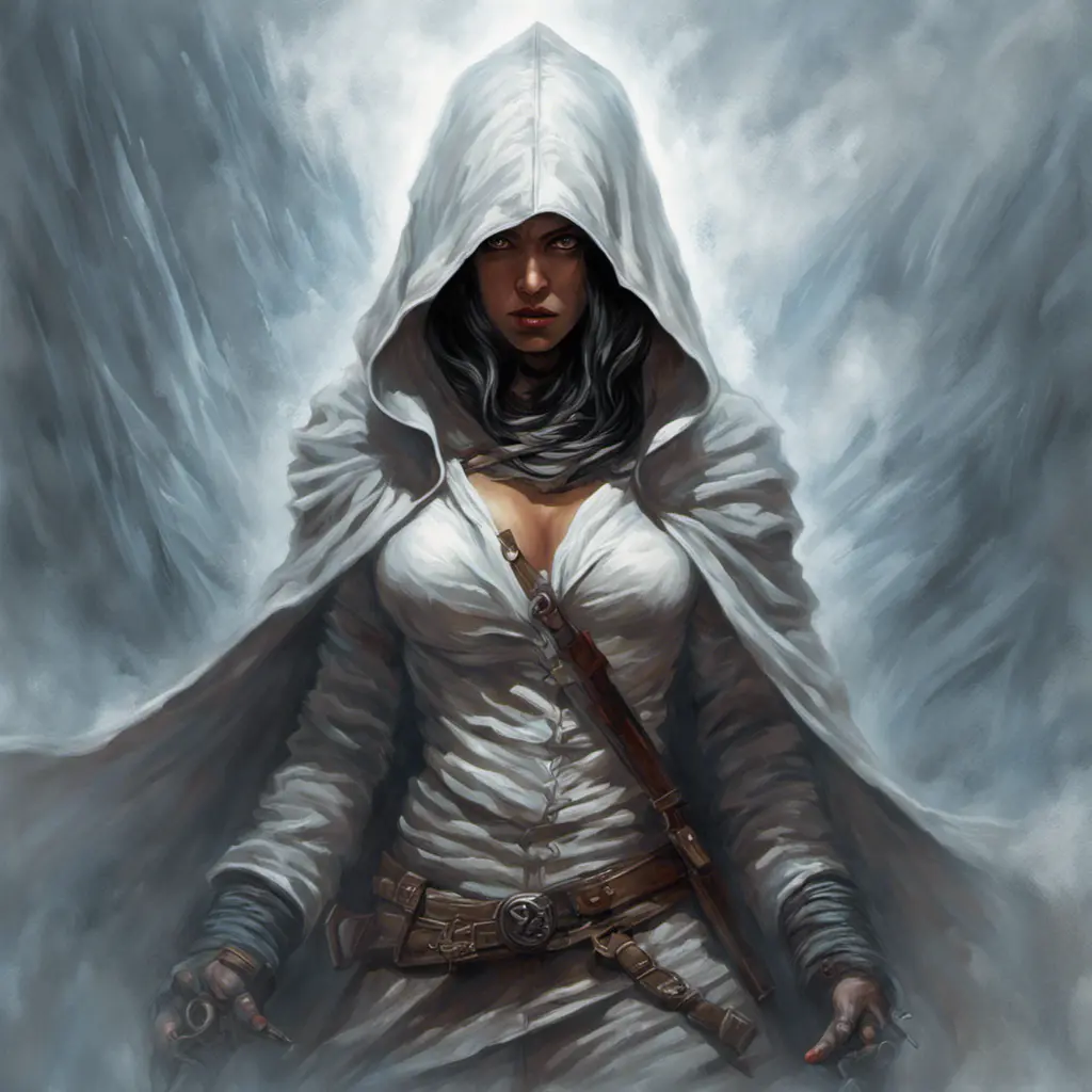 White hooded female assassin emerging from the fog of war, Highly Detailed, Vibrant Colors, Ink Art, Fantasy, Dark by Alex Horley