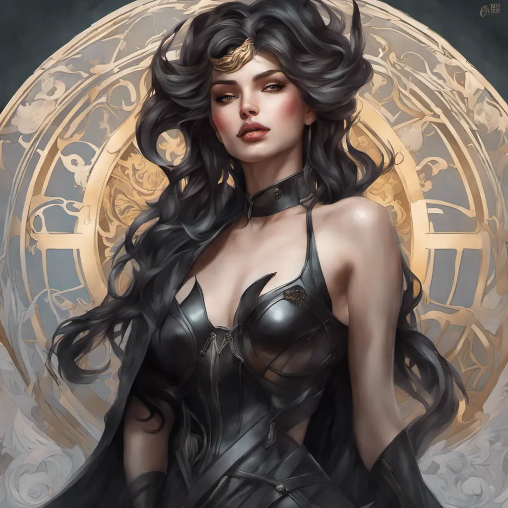 Alluring matte portrait of a beautiful Sona wearing black leather, 8k, Highly Detailed, Intricate, Half Body, Realistic, Sharp Focus, Volumetric Lighting, Fantasy, Elegant by Stanley Artgerm Lau, Alphonse Mucha, WLOP