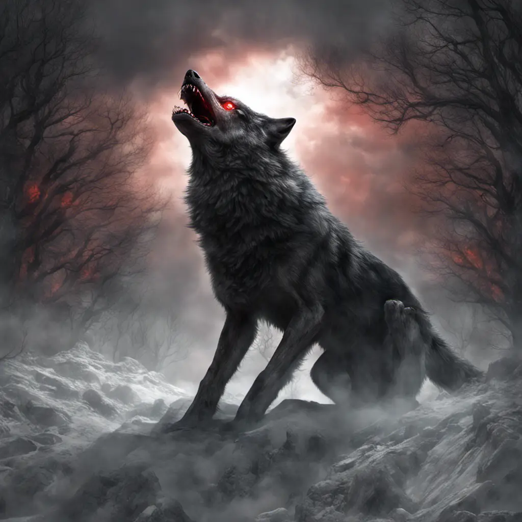 large evil wolf howling, red eyes, big teeth, 4k, 4k resolution, 8k, Eldritch, Foreboding, HD, High Definition, High Resolution, Highly Detailed, HQ, Digital Illustration, Matte Painting, Spring, Fantasy, Apocalyptic, Doom, Ominous, Terrifying, Threatening, Unnerving by Stefan Kostic