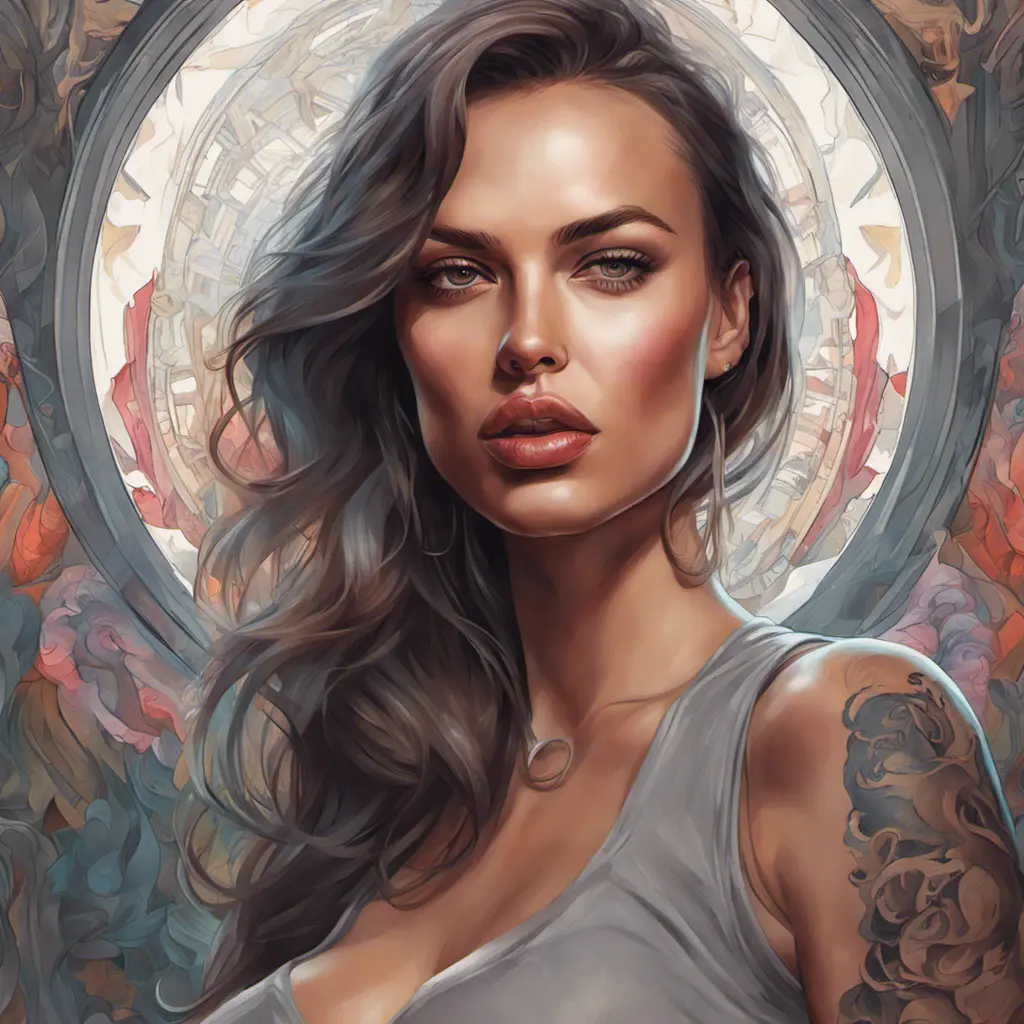 Colorful portrait of a tattooed Irina Shayk with a grey scale face, 4k, Highly Detailed, Hyper Detailed, Powerful, Artstation, Vintage Illustration, Digital Painting, Sharp Focus, Smooth, Concept Art by Stanley Artgerm Lau, Alphonse Mucha, Greg Rutkowski