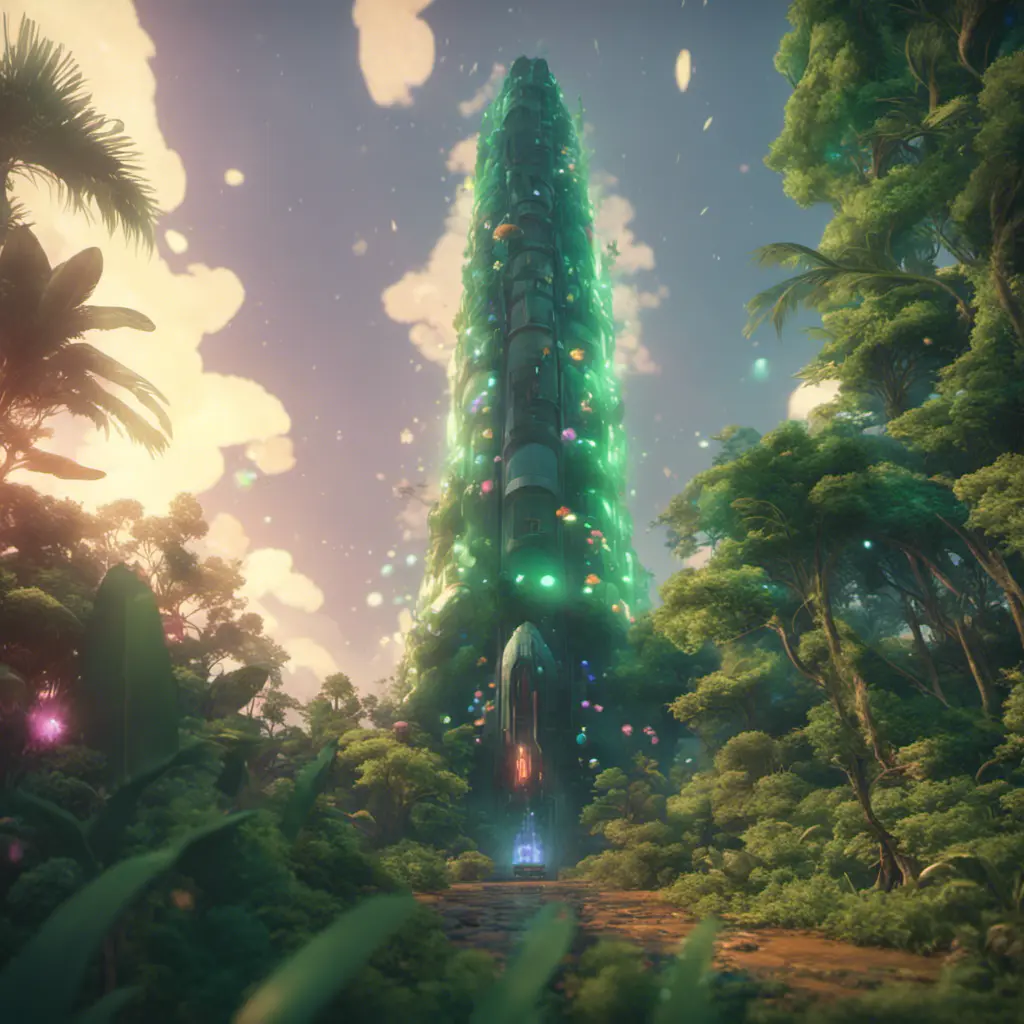 Studio ghibli, rocket explosion, jungle, solar, green technology, optimist future, 8k, Bokeh effect, Cinematic Lighting, Octane Render, Iridescence, Volumetric Lighting, Vibrant by Beeple, Asher Brown Durand, Dan Mumford, Greg Rutkowski, WLOP