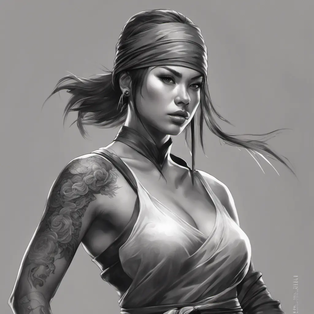 Grayscale matte portrait of a beautiful female ninja with tattoos, 4k, Highly Detailed, Powerful, Alluring, Artstation, Magical, Digital Painting, Photo Realistic, Sharp Focus, Volumetric Lighting, Concept Art by Stanley Artgerm Lau, Alphonse Mucha, Greg Rutkowski