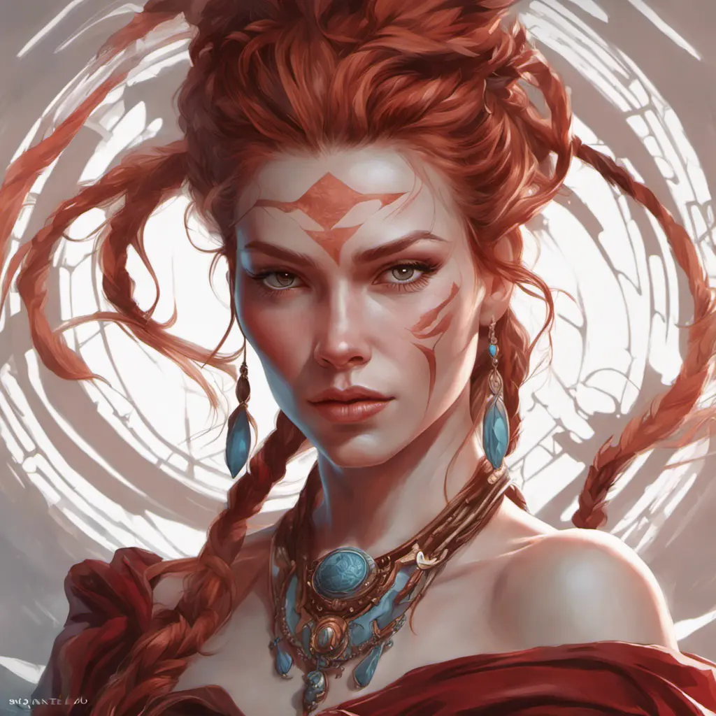 Alluring matte portrait of the beautiful Aloy in dark red, 8k, Highly Detailed, Intricate, Realistic, Sharp Focus, Volumetric Lighting, Fantasy, Elegant by Stanley Artgerm Lau, Alphonse Mucha, WLOP, Stefan Kostic