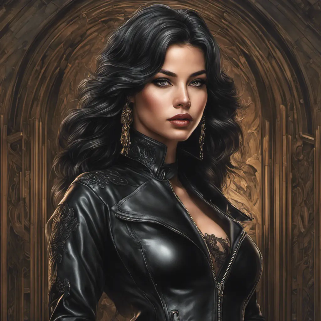 Alluring matte portrait of the beautiful goddess Selena in black leather in the style of Stefan Kostic, 8k, Highly Detailed, Intricate, Realistic, Sharp Focus, Volumetric Lighting, Fantasy, Elegant by Stanley Artgerm Lau, Alphonse Mucha, WLOP