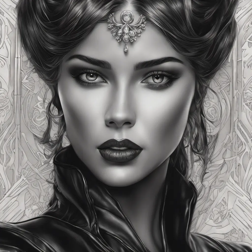 Alluring matte portrait of the beautiful goddess Selena in black leather in the style of Stefan Kostic, 8k, Highly Detailed, Intricate, Realistic, Sharp Focus, Volumetric Lighting, Fantasy, Elegant by Stanley Artgerm Lau, Alphonse Mucha, WLOP