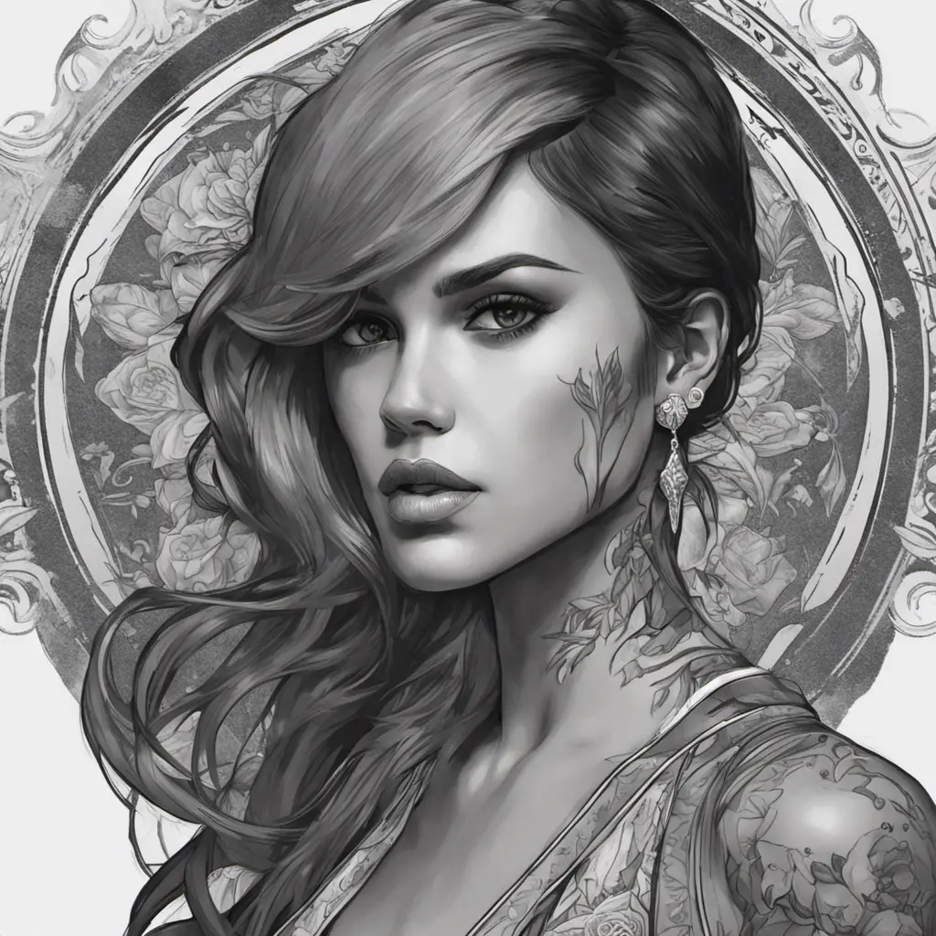 Grayscale portrait of Eiza González with colored tattoos, 4k, Highly Detailed, Hyper Detailed, Powerful, Artstation, Vintage Illustration, Digital Painting, Sharp Focus, Smooth, Concept Art by Alphonse Mucha