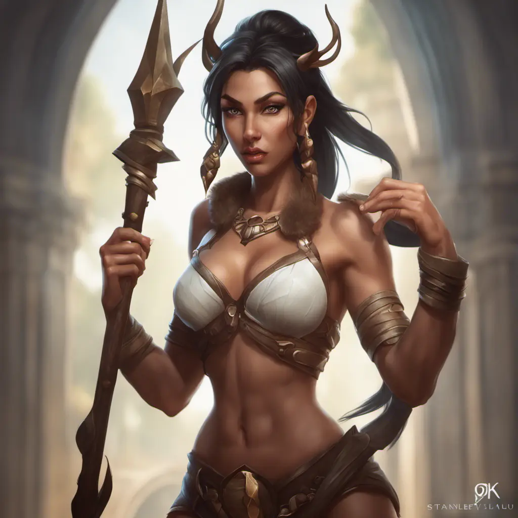 Alluring matte portrait of a beautiful Nidalee in the style of Stefan Kostic, 8k, Highly Detailed, Intricate, Half Body, Realistic, Sharp Focus, Volumetric Lighting, Fantasy, Elegant by Stanley Artgerm Lau, Greg Rutkowski