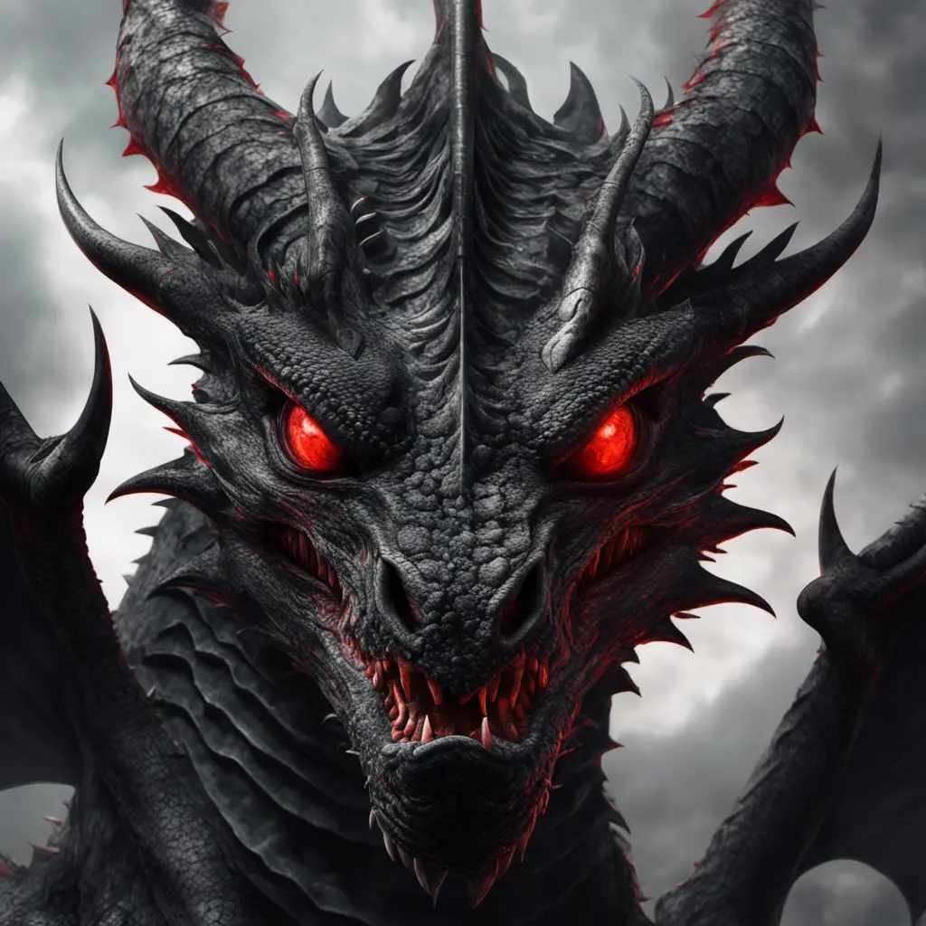 a black dragon with red eyes in 2d, 4k resolution, 8k, HDR, High Definition, High Resolution, Highly Detailed, Hyper Detailed, Ultra Detailed, Closeup of Face, Gothic and Fantasy, Gothic, Horns, Large Eyes, Soft Details, Strong Jaw, Digital Illustration