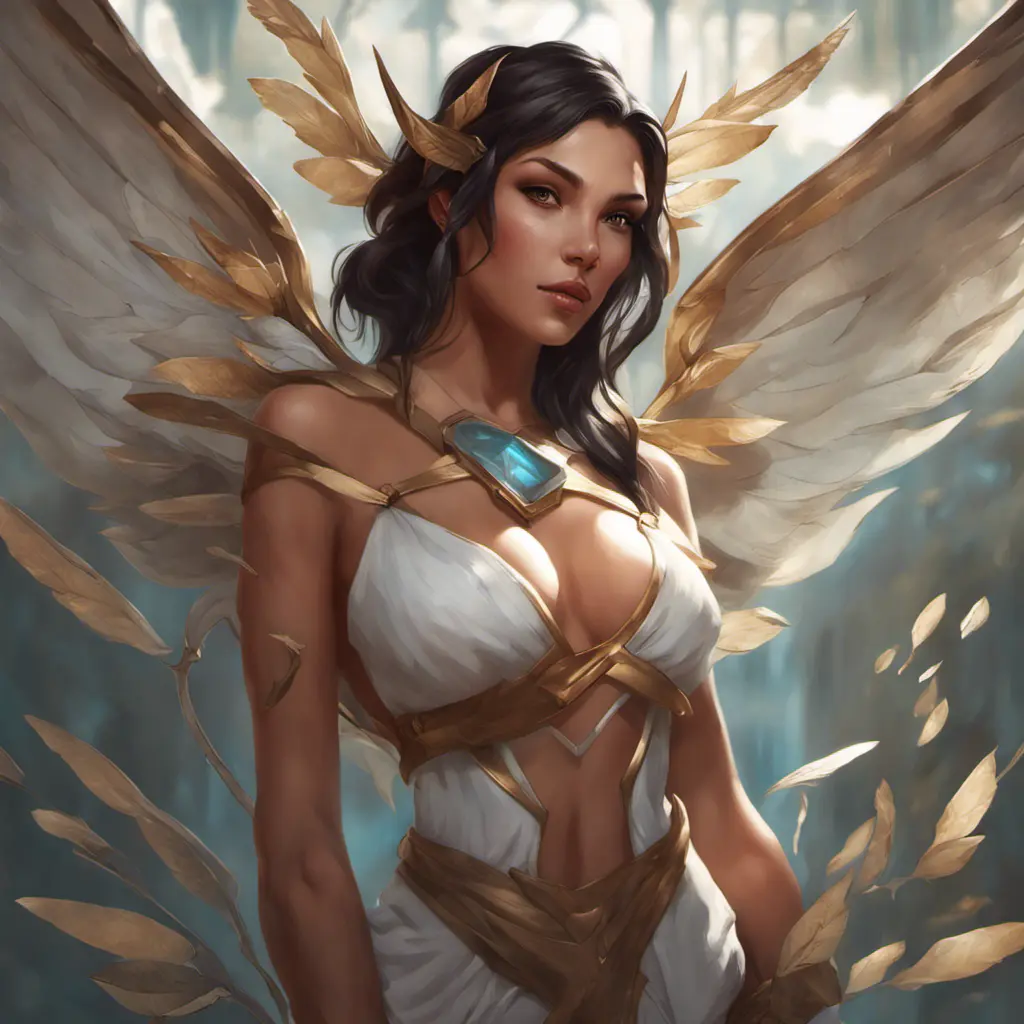 Alluring matte portrait of a beautiful Nidalee with wings, 8k, Highly Detailed, Intricate, Half Body, Realistic, Sharp Focus, Volumetric Lighting, Fantasy, Elegant by Stanley Artgerm Lau, Alphonse Mucha, WLOP