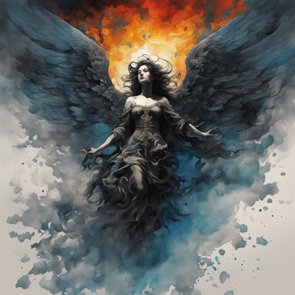 Silhouette of an Angel emerging from the fog of war, ink splash, Highly Detailed, Vibrant Colors, Ink Art, Fantasy, Dark by Stanley Artgerm Lau