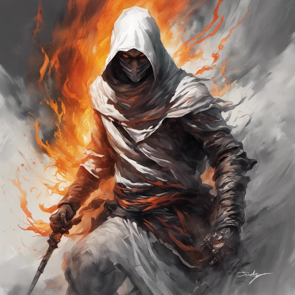 White Assassin emerging from a firey fog of battle, ink splash, Highly Detailed, Vibrant Colors, Ink Art, Fantasy, Dark by Stanley Artgerm Lau