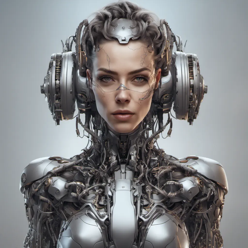 Alluring highly detailed matte portrait of a beautiful cyborg in the style of Stefan Kostic, 8k, High Definition, Highly Detailed, Intricate, Half Body, Realistic, Sharp Focus, Fantasy, Elegant