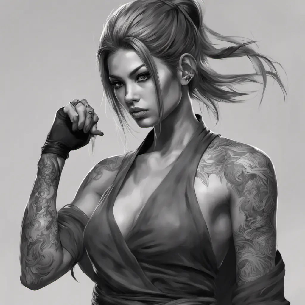 Grayscale matte portrait of a beautiful female ninja with tattoos, 4k, Highly Detailed, Powerful, Alluring, Artstation, Magical, Digital Painting, Photo Realistic, Sharp Focus, Volumetric Lighting, Concept Art by Stanley Artgerm Lau, Alphonse Mucha, Greg Rutkowski