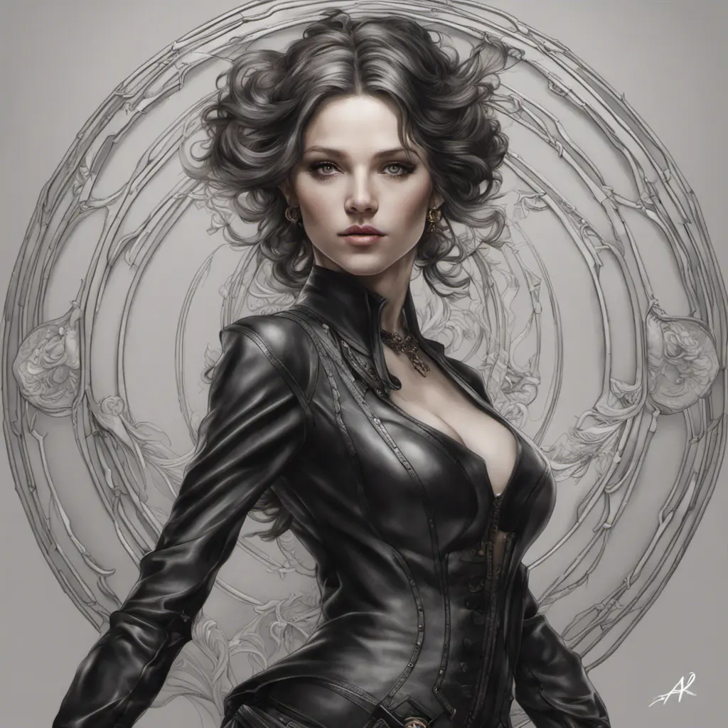 Alluring matte portrait of a beautiful A2 in black leather, 8k, Highly Detailed, Intricate, Half Body, Realistic, Sharp Focus, Volumetric Lighting, Fantasy, Elegant by Stanley Artgerm Lau, Alphonse Mucha, WLOP, Stefan Kostic