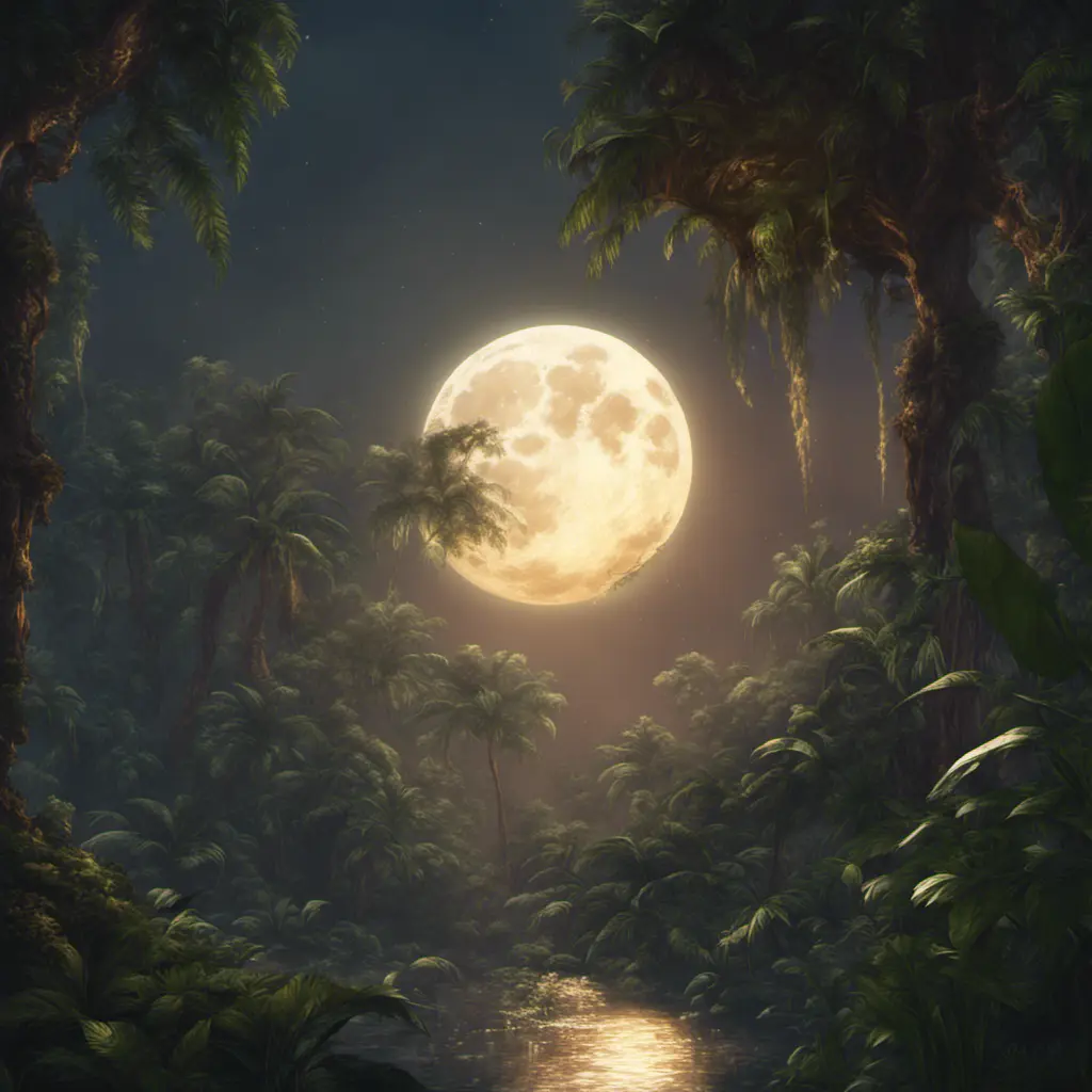 Moonrise over an epic jungle, Highly Detailed, Intricate, Cinematic Lighting, Unreal Engine, Radiant, Fantasy by Stanley Artgerm Lau