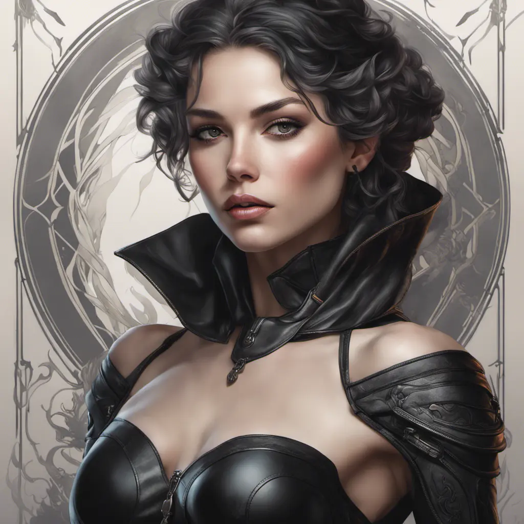 Alluring matte portrait of a beautiful Vex wearing black leather, 8k, Highly Detailed, Intricate, Half Body, Realistic, Sharp Focus, Volumetric Lighting, Fantasy, Elegant by Stanley Artgerm Lau, Alphonse Mucha, WLOP