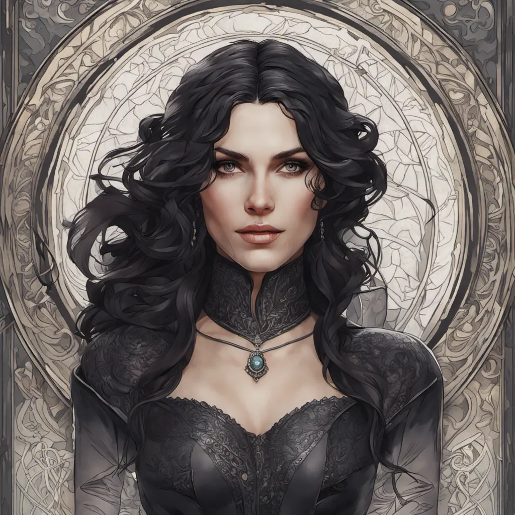 Alluring matte portrait of a beautiful Yennefer, 8k, Highly Detailed, Intricate, Half Body, Realistic, Sharp Focus, Volumetric Lighting, Fantasy, Elegant by Alphonse Mucha