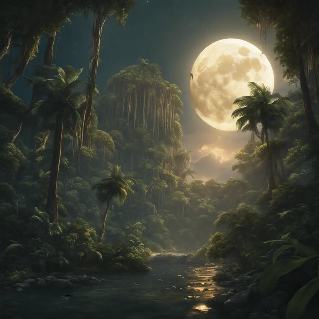 Moonrise over an epic jungle, Highly Detailed, Intricate, Cinematic Lighting, Unreal Engine, Radiant, Fantasy by Stanley Artgerm Lau