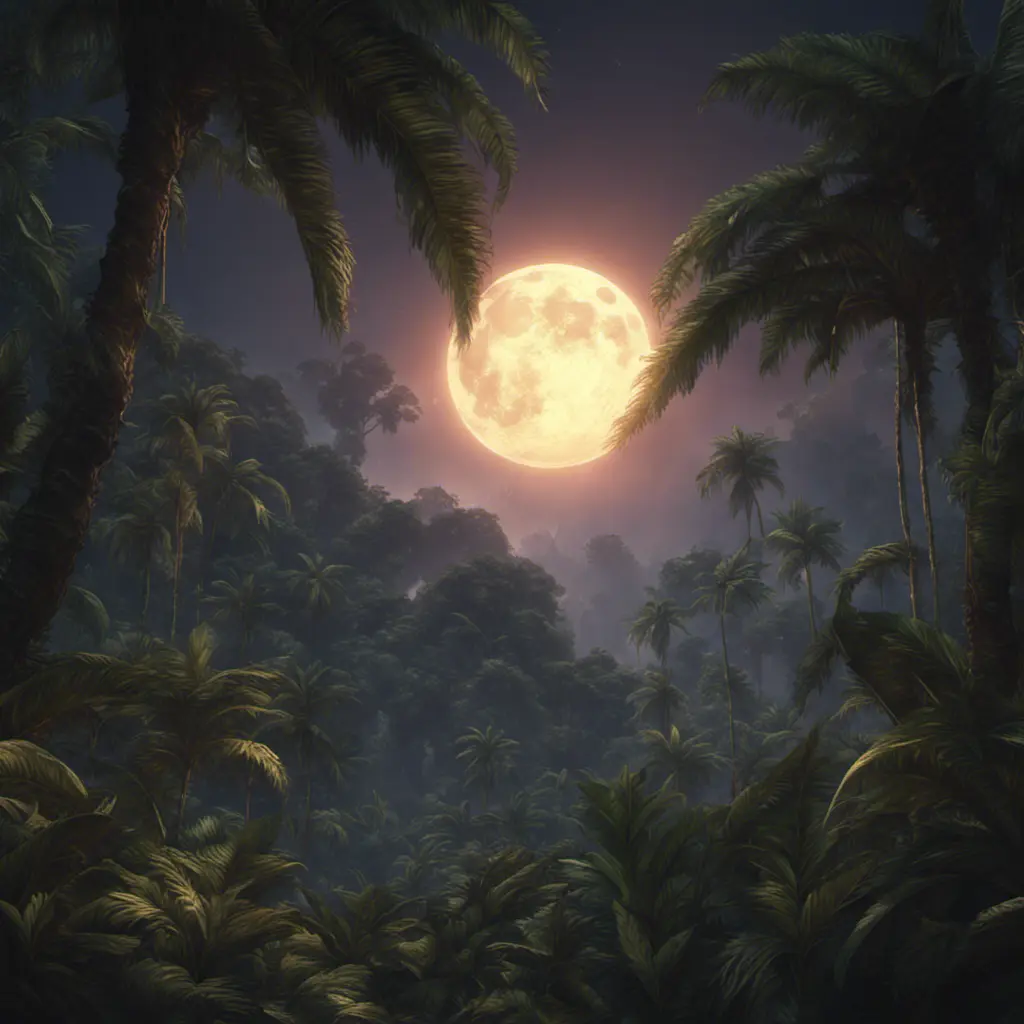 Moonrise over an epic jungle, Highly Detailed, Intricate, Cinematic Lighting, Unreal Engine, Radiant, Fantasy by Stanley Artgerm Lau