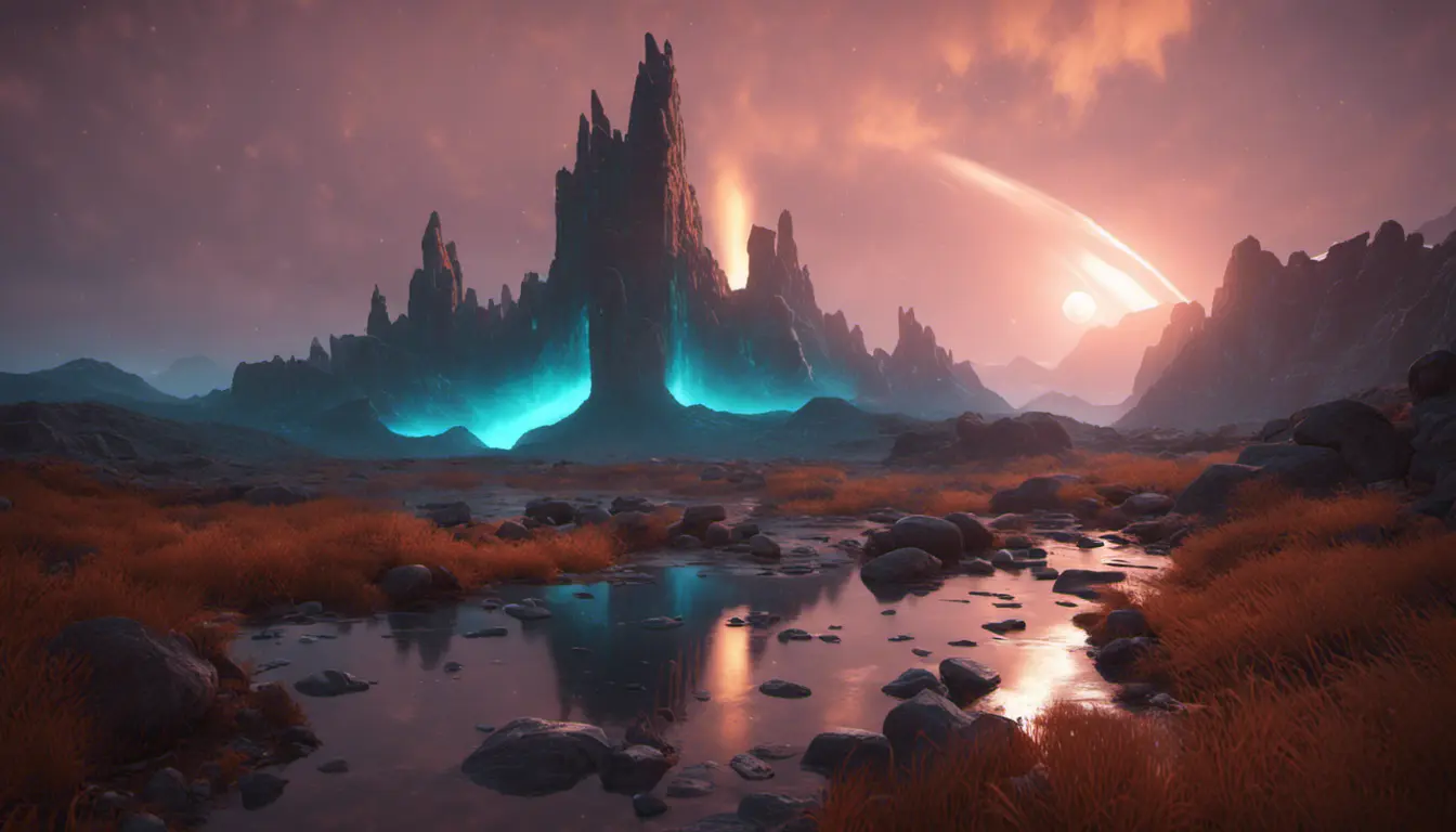 Iridescent opalescent landscape, warm tones, 8k, Award-Winning, Highly Detailed, Beautiful, Octane Render, Unreal Engine, Bioluminescent, Radiant, Volumetric Lighting by Michal Karcz