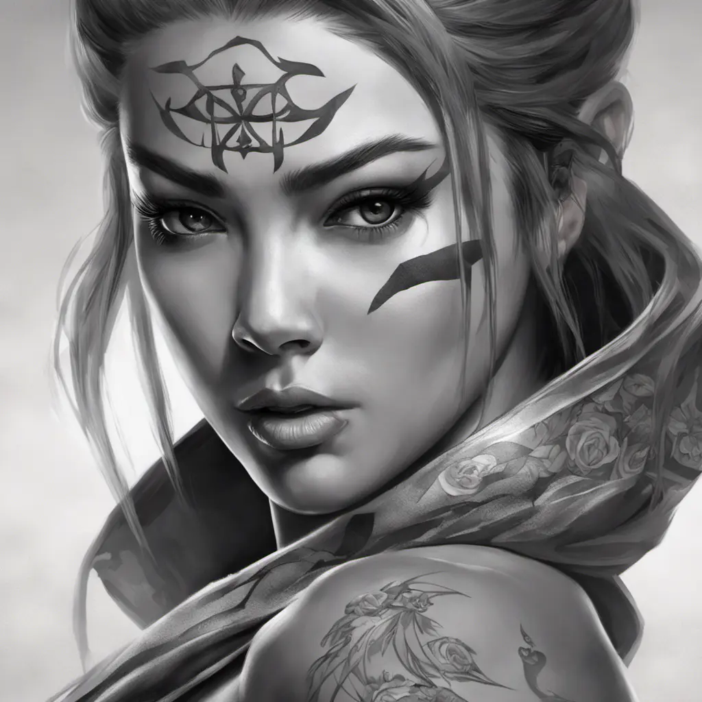 Grayscale matte portrait of a beautiful female ninja with tattoos, 4k, Highly Detailed, Powerful, Alluring, Artstation, Magical, Digital Painting, Photo Realistic, Sharp Focus, Volumetric Lighting, Concept Art by Stanley Artgerm Lau, Alphonse Mucha, Greg Rutkowski