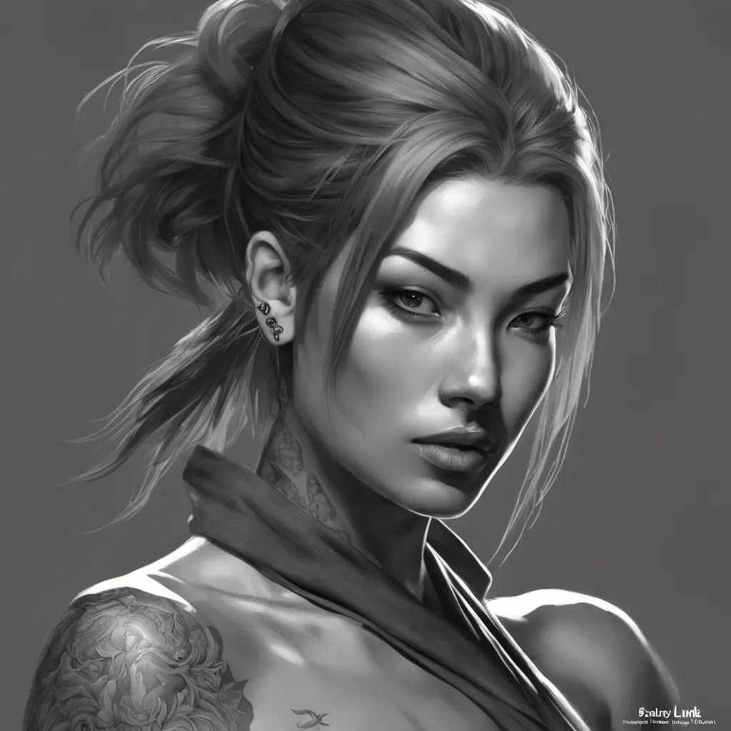 Grayscale matte portrait of a beautiful female ninja with tattoos, 4k, Highly Detailed, Powerful, Alluring, Artstation, Magical, Digital Painting, Photo Realistic, Sharp Focus, Volumetric Lighting, Concept Art by Stanley Artgerm Lau, Alphonse Mucha, Greg Rutkowski