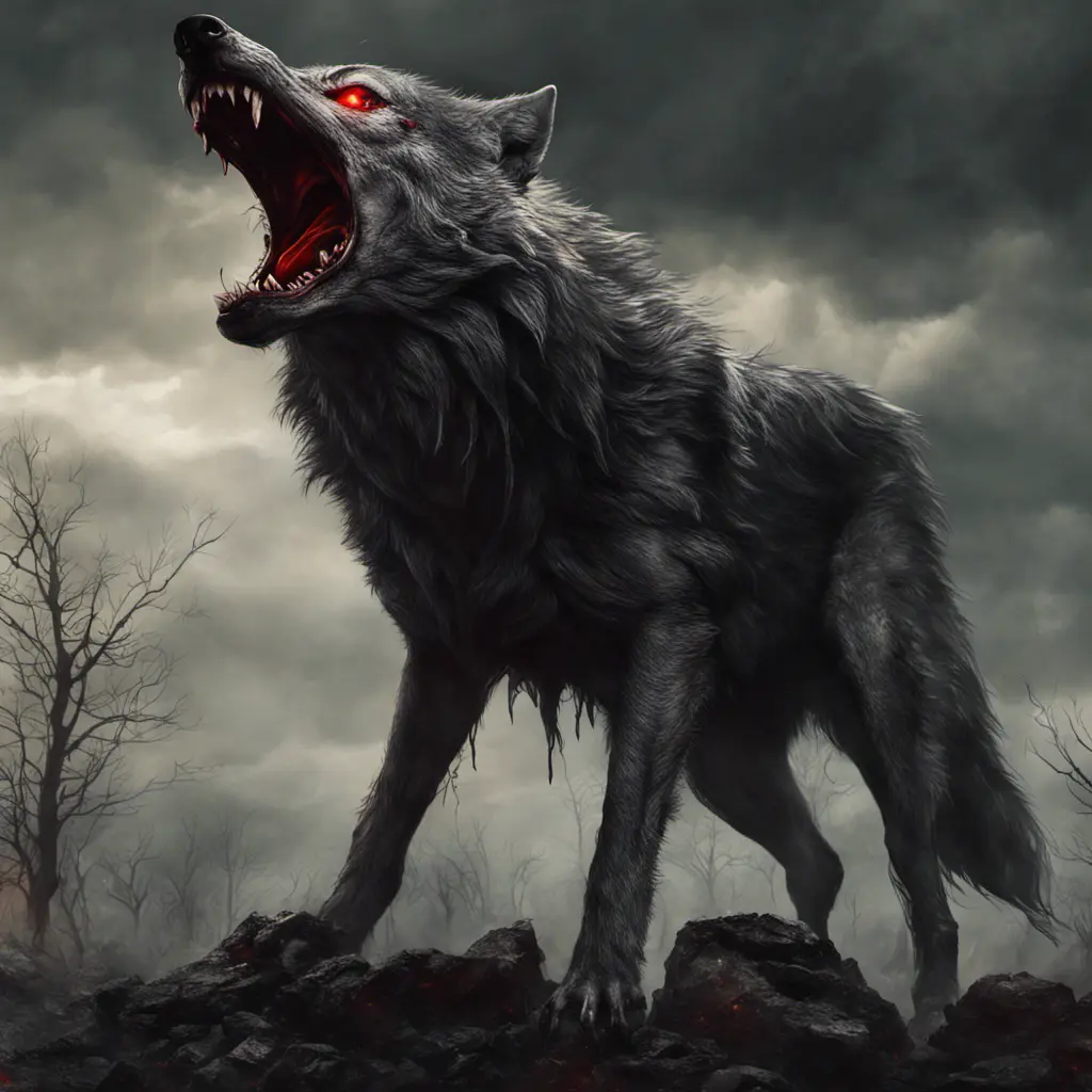 large evil wolf howling, red eyes, big teeth, 4k, 4k resolution, 8k, Eldritch, Foreboding, HD, High Definition, High Resolution, Highly Detailed, HQ, Digital Illustration, Matte Painting, Spring, Fantasy, Apocalyptic, Doom, Ominous, Terrifying, Threatening, Unnerving by Stefan Kostic