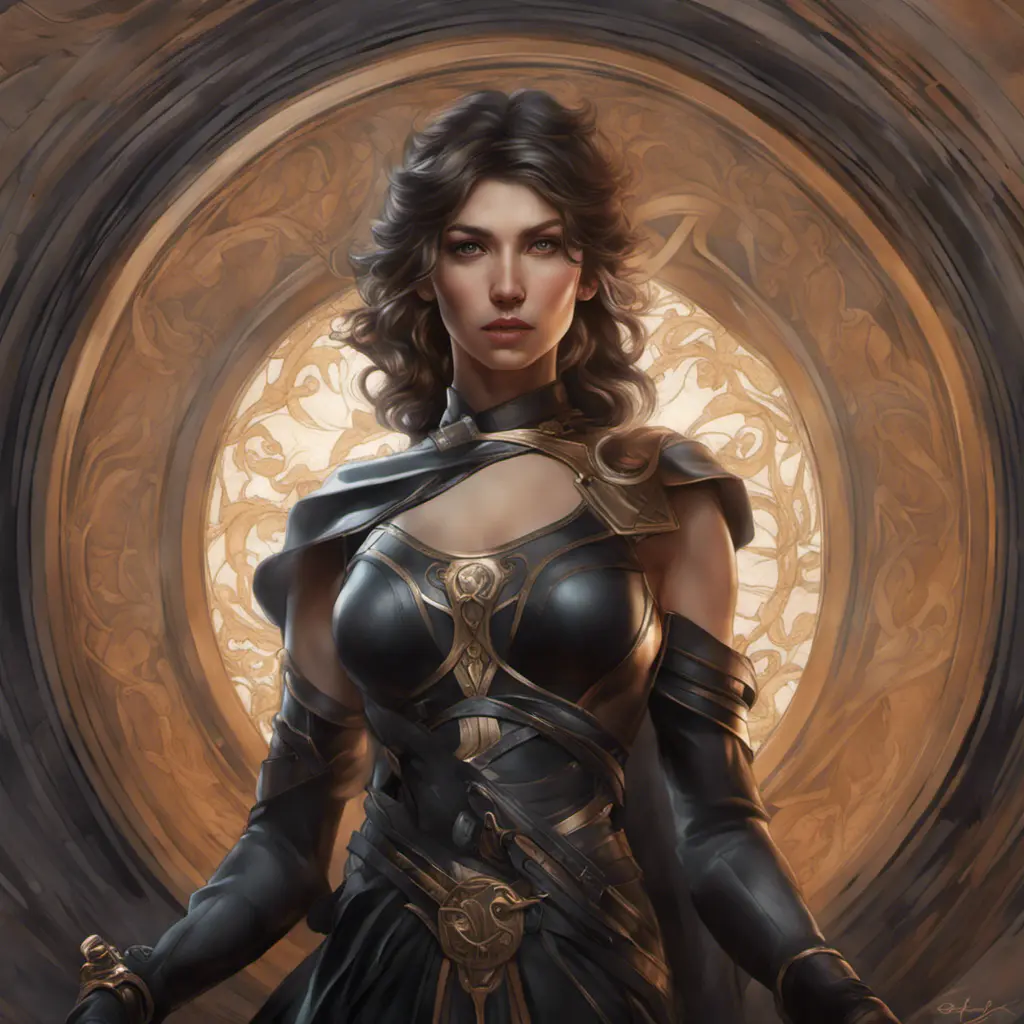 Alluring matte portrait of a beautiful Kassandra wearing black leather, 8k, Highly Detailed, Intricate, Half Body, Realistic, Sharp Focus, Volumetric Lighting, Fantasy, Elegant by Stanley Artgerm Lau, Alphonse Mucha, WLOP