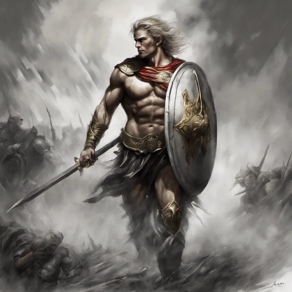 Achilles emerging from the fog of battle, Highly Detailed, Color Splash, Ink Art, Fantasy, Dark by Stanley Artgerm Lau