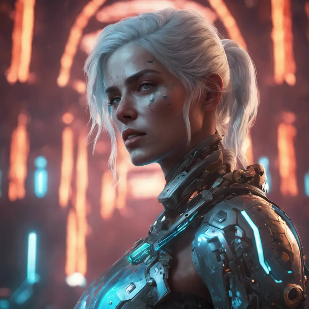 Portrait of Ciri as a Cyborg, 8k, Highly Detailed, Intricate, Intricate Artwork, Symmetry, Trending on Artstation, Cinematic Lighting, Octane Render, Iridescence, Abstract colors, Realism by Beeple, Dan Mumford, Greg Rutkowski, WLOP