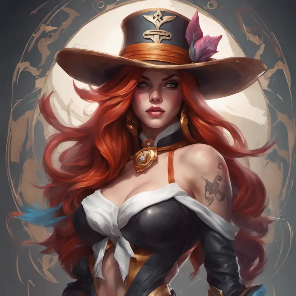 Matte portrait of Miss Fortune from League of Legends with tattoos, 8k, Highly Detailed, Powerful, Alluring, Artstation, Magical, Digital Painting, Photo Realistic, Sharp Focus, Volumetric Lighting, Concept Art by Stanley Artgerm Lau, Alphonse Mucha, Greg Rutkowski