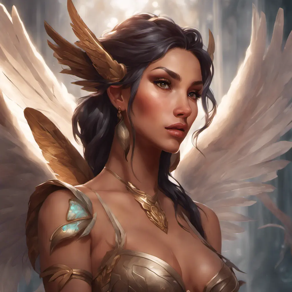 Alluring matte portrait of a beautiful Nidalee with wings, 8k, Highly Detailed, Intricate, Half Body, Realistic, Sharp Focus, Volumetric Lighting, Fantasy, Elegant by Stanley Artgerm Lau, Alphonse Mucha, WLOP