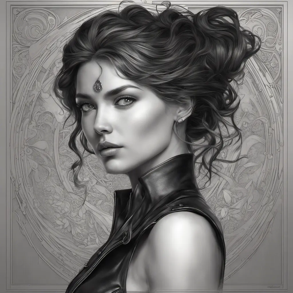 Alluring matte portrait of a beautiful A2 in black leather, 8k, Highly Detailed, Intricate, Half Body, Realistic, Sharp Focus, Volumetric Lighting, Fantasy, Elegant by Stanley Artgerm Lau, Alphonse Mucha, WLOP, Stefan Kostic